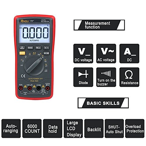 RAGU 17B Digital Multimeter mit Ohm Volt Amp Diodendurchlauftest, LCD Display mit Hintergrundbeleuchtung, automatische Messbereichserkennung (Auto-Ranging) elektronisches Messgerät Tester - 6