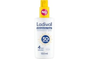 ‎LADIVAL Ladival Sonnenschutz Spray LSF 50+ für allergische Haut - Sonnencreme bei Sonnenallergie und Mallorca-Akne, wasserfest, fettfrei, 4-fach Zellschutz, korallenfreundlich, leichte Gel-Formel, 150ml