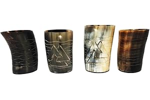 CRAFT CREATOR Odin and Waves: juego de 4 unidades de vasos de chupito grabados a mano de cuerno natural pulido, de 10 cm perfecto como regalo y para servir bebidas frías en fiestas