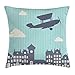 Produktbild VTXWL Vintage Airplane Throw Pillow Cushion Cover, Aircraft Silhouette Flying Over The City on Pastel Background, Decorative Square Accent Pillow Case, 18 X 18 inches, Bluegrey and Pale Blue