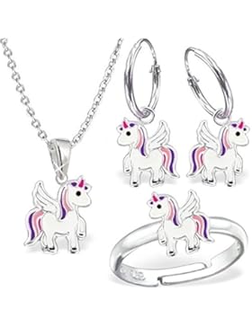 GH1a Einhorn SET RING + ANHÄNGER + KETTE + CREOLEN 925 Echt Silber Pferd