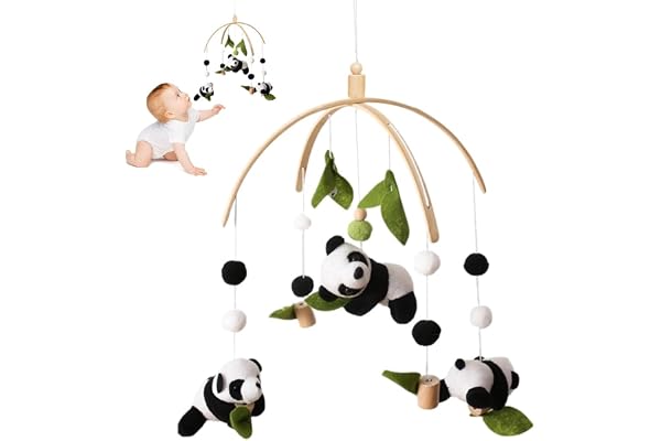 Cloche de Lit Mobile en Feutre pour Bébé, Panda Mobile Bébé en Bois Carillon Éolien Mobile Mobile Lit Bébé Mobile Musical Lit Bébé Suspendue Décoration de Berceau Garçon Et Fille