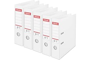 Esselte, A4 Lever Arch File, 75 mm Spine, 500 sheets Capacity, PP, Plastic Cover, No. 1 Mechanism, Files & Folders, White, 5 Pack, 162510