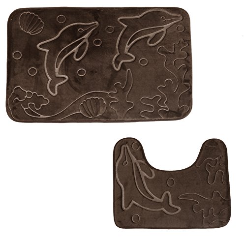 Badematten-Sets, AOUTOS 2 Stück Flanell 3D Marine Dolphin Printing Anti-Rutsch Anti-Staub Bad Abdeckung Sets: Bad Mat + Contour Teppich