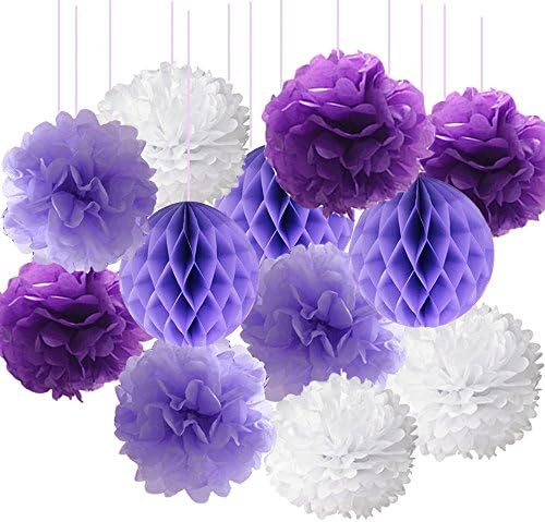 Purple Party Decarations Pom Poms Tissue Paper Flowers Paper Honeycomb Balls Party Favours for White Lavender Purple Birthday Party Baby Shower Bridal Shower Wedding Party Supplies