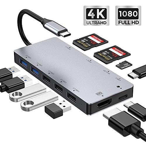 DAMO HUB USB C, Tipo C, Adaptador 11 en 1 con 4K HDMI, Puertos USB 3.0 y 2.0 de 5.0 Gbps, Lector de Tarjetas SD/TF, Puerto de Carga de PD, concentrador de Aluminio para MacBook/MacBook Pro 2016/2017