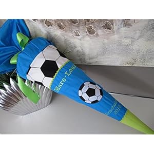 #121 Fussball blau türkis grün Schultüte Stoff + Papprohling + als Kissen verwendbar