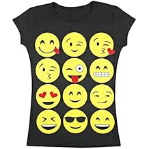 Para chica, camiseta con estampado de emoji, top de manga corta, cara sonriente (9-10 años, Negro)