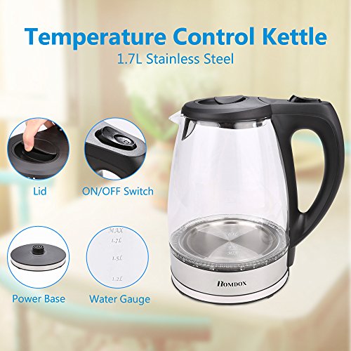 Homdox Wasserkocher Glas Edelstahl Blaue LED Beleuchtung 1,7 Liter, 2200 Watt Maximal, Elektrische Wasserkessel Automatische Abschaltung - 3