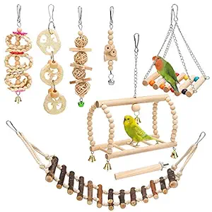 AsiFancy 8 Packs Bird Parrot Swing Hanging Toy,Natural Wood Bell Bird Cage Toys for Parrots, Parakeets, Cockatiels, Conures, Finches,Budgie,Macaws, Parrots, Love Birds
