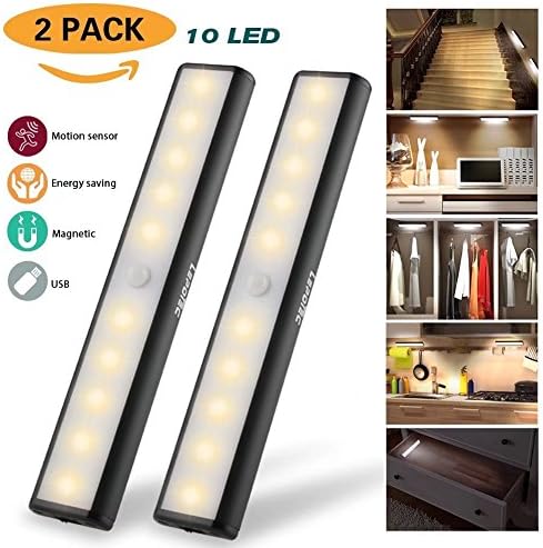 Portable Wireless Cabinet Lights,10-LED USB Rechargeable Motion Sensing LED Light Bar for Wardrobe/Drawer/Stairs,Stick On Anywhere, 2 Pack, Warm Light, USB Cable Included