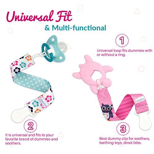 Liname Schnullerband Mit Clip Für Mädchen – 3 Stück Saugerband – Premium Qualität Universeller Schnuller Clip Für Alle Schnuller Mit Und Ohne Ring – Beidseitiges Modisches Design - 3