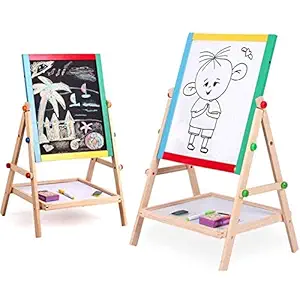 Kurtzy Magnetic Black and White Board with Marker, Duster & Chalk | Double Sided Wooden Easel for Kids Drawing & Writing (37 x 43 cm) 1 Pc