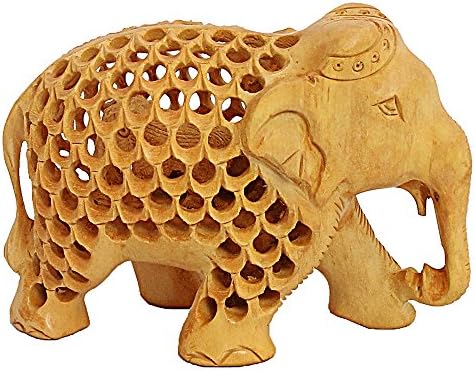 2dots Hand Carved Wooden Elephant Trunk Down Netting Work Sculpture Statue Figurine 2.5 Inch