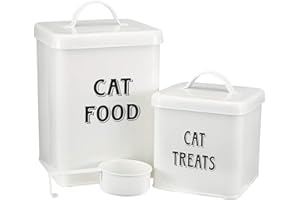 Pethiy Lot de Boîte pour croquettes pour Chat - récipients pour Nourriture et friandises pour Animaux avec Pelle -Acier au Carbone avec revêtement-1.5Kg+0.5Kg-Blanc