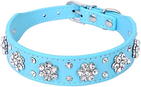 Pet Moon Pet Collars Rows Rhinestone Bling Flower Studded PU Leather Dog Collar for Small or Medium Dogs (Blue, S)