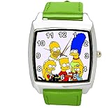 Taport® The Simpsons Quarz-Armbanduhr, quadratisch, grünes Lederband, inklusive Ersatzakku und Geschenkbeutel