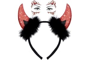 IHLOOTD Teufelshörner Haarreif Rot mit Glitzersteine Gesicht, Teufel Ohren Haarband,Halloween Haarschmuck Kopfschmuck,Teufelsohren Devil Ears für Karneval Halloween Party Teufel Kostüm Accessoires (C)