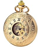 SEWOR Double Open Herren Analog Mechanische Handaufzugstaschenuhr mit Edelstahlarmband SEW124 (Gold)