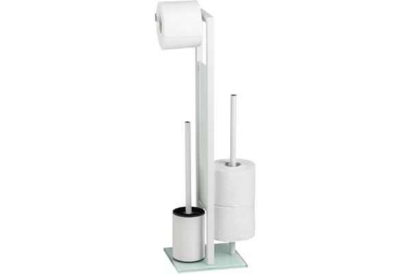 WENKO Combiné WC Rivalta | 3 en 1| Brosse WC et Dérouleur Papier Toilette | Stockage Papier | Tête de Brosse remplaçable | Acier INOX Blanc et Verre trempé| 18x70x23 cm | Blanc