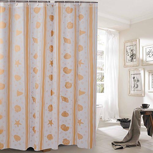 Decorative PEVA Mildew Free Water Repellant Shower Curtain Comes With 12 Hooks (Starfish and Sea Shells, Gold)