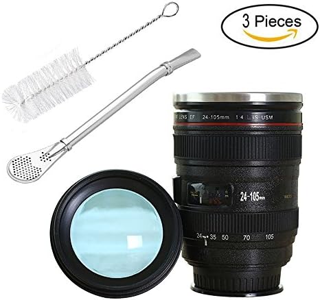 HEMCER Camera Lens Mugs Coffee Cup with Suction Cup and Lid &amp; Spoon, Camera Lens Cup, Suction Coffee Cup, Coffee Traveler Cup, Stainless Steel Cup, Travel Thermos - Capacity 320 ml. Perfect for a photography lover