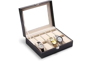 YOPOTIKA BoîTe à Montres En Cuir à 10 Emplacements, Organisateur De Bijoux, Coffret à Montres, éCrin,Couverture Acrylique,Plateau De Montre 10 Compartiments Pour Bijoux, Bracelets, Colliers