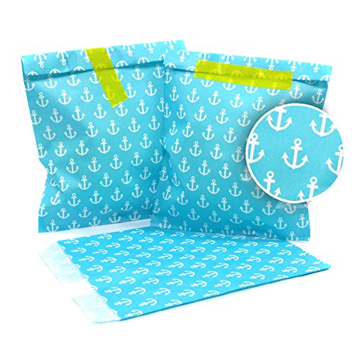 25 Frau Wundervoll Papiertüten / Geschenktüten / Candy Paper Bags - beachblau mit weißen Ankern -