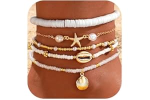 CharmBurst 5 Piezas Conjunto de Tobilleras con Conchas para Mujeres, Ajustables Hechas a Mano Estilo Bohemio con Perlas, joyería para el pie de Playa Hawaiana con Concha y Estrella de mar