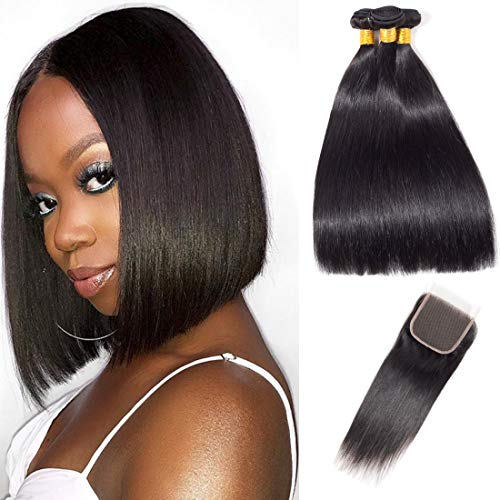 Bundles brésiliens pour cheveux raides avec fermeture 10A Bundles pour cheveux brésiliens non transformés avec closure Braizlian Weave Straight Natural Black (8 10 12 + 8 pouces)