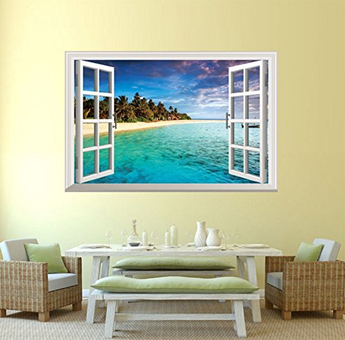 Lumanuby 3D Wandtattoos Geöffnetes Fenster Himmel und Ozean Wandsticker Wandaufkleber für Wohnzimmer Schlafzimmer Kinderzimmer - 2