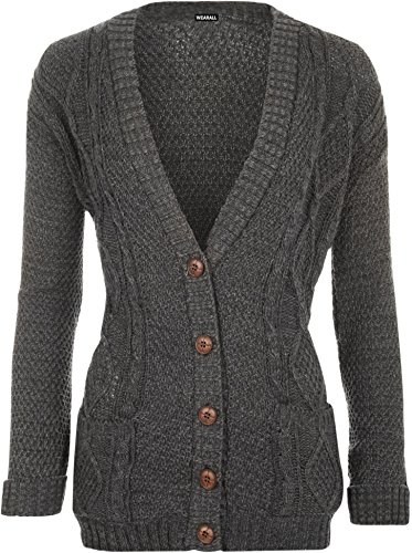 Womens Cable Knitted Button Cardigan Long Sleeve Ladies Boyfriend Top - Dark Grey 12/14