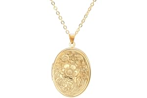 XRCXBLSC Vintage 18K Gold Engraved Flower Empaistic Photo Locket Pendant Necklace, Oval Antique Souvenir Memorial Best Wishes Jewelry for Women, Personalized Photo Flower Locket Pendant Gold