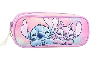 mybagstory – Trousse Stitch & Angel Disney 22 x 9 x 8 cm | Trousse Scolaire Double Compartiment | Rangement Stylos Crayons | Design Officiel Fille Pastel | Accessoire École Primaire