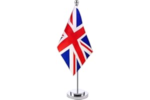 HOLLYLIFE UK Table Flag - United Kingdom Miniature British Desktop Flag With Stainless Steel Base - Union Jack for Home Office Festival Celebration Decorations