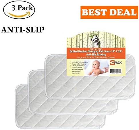 Quilted Non-Slide Bamboo Changing Pad Liners 3/PACK –71x36 CM, Thicker 5 Layers, Waterproof, Hypoallergenic, Antibacterial, Reusable, Machine Washable &amp; Dryer Friendly