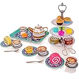 Incluye: soporte para pasteles de 3 niveles, bandeja para servir, tetera, 4 platos, 4 tazas y platillos, 2 tenedores, 2 cucharas, 4 rebanadas de pastel, 6 macarrones, 4 magdalenas y pinzas para servir