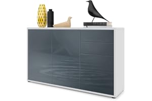 ‎VLADON Vladon Sideboard Ben V3, Kommode mit 3 Türen und 2 Schubladen, Weiß matt/Grau Hochglanz (117 x 74 x 36 cm)