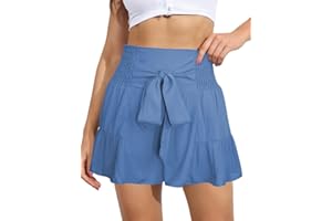 ABINGOO Shorts en Lin Été Femme Taille Haute Shorts Ourlet à Volants Taille Élastique Plissé Shorts de Plage Amples Fluide