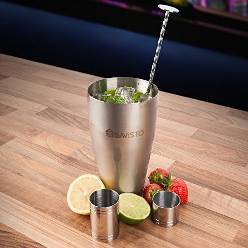 Savisto Premium Cocktail Set mit Boston Cocktail Schüttelbecher, Glas, Rezeptbuch mit 500 Rezepten, 25ml & 50ml Messbecher, gedrehtem Barlöffel, Sieb, Holzstössel, & Elegante Geschenkbox - 6