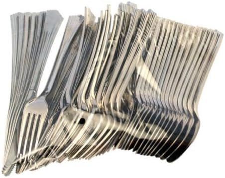 Ceeva 240 PCS Silver Plastic Metallic Cutlery Set Party Forks Spoons Disposable Picnic BBQ 96 forks 96 knifes 96 spoons BBQ Wedding Buffet Picnic Realistic Party Metal Look Re-Usable Silverware