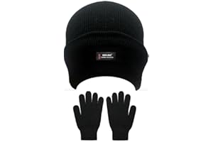 OnlyBee Adult Mens Womens Ladies Black Hat And Gloves Set Winter Thermal Lining Fits Adults and Older Children