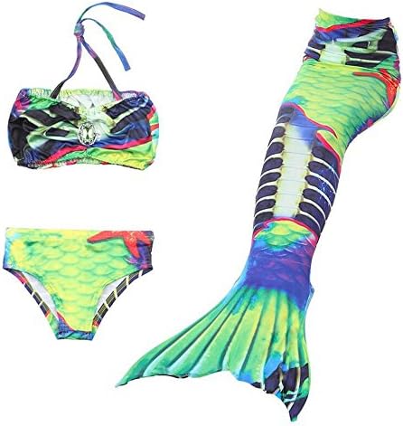 YYFishtail 3Pcs Mermaid Tail Swimming Girls Bikini Set Support Monofin, green, 140cm
