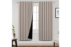 BellaHills 100% Blackout Curtains for Bedroom Thermal Insulated Blackout Curtain Heat and Full Light Blocking Eyelet Curtains for Living Room with Black Liner 2 Panels, 90 x 72 Inch, Natural Sand