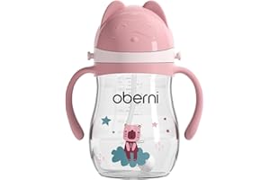 Oberni Baby Sippy Cup with Handle & Strap, Non-Spill Water Bottle for 6 12 Months + Toddlers, BPA-Free | Tritan | Dishwasher Safe | Leak Proof Valved Spout | 270ml 9oz | Pink (1 Pack)