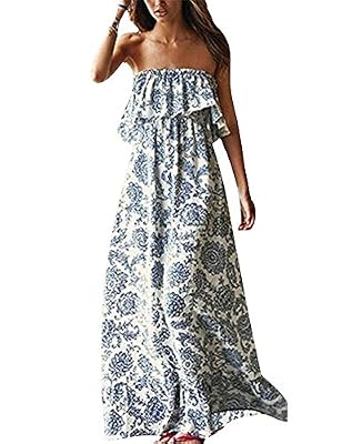 Luojida Femme Robe Bohême Plage Été Sexy Dos Nu Sans Bretelles Imprimée Lâche Robe Bustier Longue de Soiée (M)