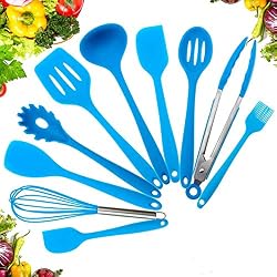 Amrta Ustensiles De Cuisine en Silicone Spatulas RÉSistant À La Chaleur 10 Pieces，Non Toxique Durable Outils De Cuisine Faciles A Nettoyer Ensemble pour La Cuisson Au Barbecue (10 pièces, Bleu)