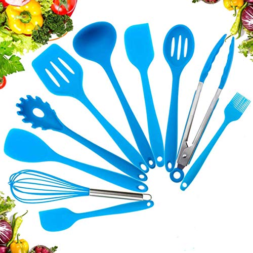 Amrta Ustensiles De Cuisine en Silicone Spatulas RÉSistant À La Chaleur 10 Pieces，Non Toxique Durable Outils De Cuisine Faciles A Nettoyer Ensemble pour La Cuisson Au Barbecue (10 pièces, Bleu)