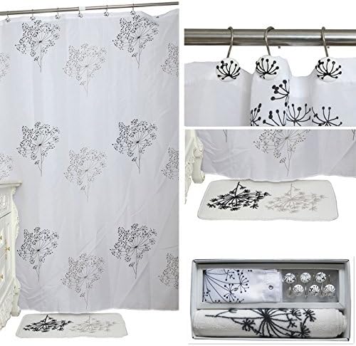 UOMERE Dandelion 14 Pc Luxury Bathroom Set Fabric Shower Curtain and Contour Rug Hooks