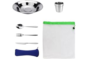 EMAGEREN Set de Cubiertos para Llevar 7 en 1 Vajilla de Acero Inoxidable para Camping Portátil Juego de Cubiertos para Camping con Plato Taza Cuchara Tenedor Cuchillo Bolsas para Acampar Viajar